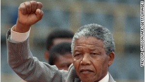 Nelson Mandela prepares to address a rally just a few days after he was released from prison, in February 1990. \n