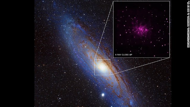 The Andromeda galaxy with an inset highlighting possible black holes. Credits: X-ray: NASA/CXC/SAO/R. Barnard, Z. Lee et al.; Optical: NOAO/AURA/NSF/REU Program/B. Schoening, V. Harvey and Descubre Foundation/CAHA/OAUV/DSA/V. Peris