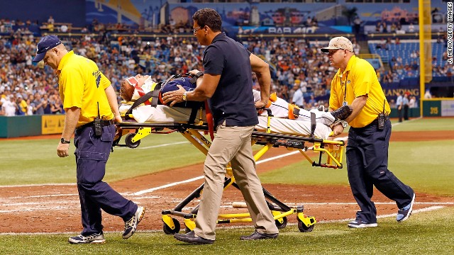 Pitcher Alex Cobb is taken off the field after being hit. The Tampa Bay franchise tweeted that Cobb remained conscious.
