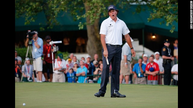 Phil Mickelson reacts on the 18th green during round three of the 113th U.S. Open at Merion Golf Club on Saturday, June 15, in Ardmore, Pennsylvania. 