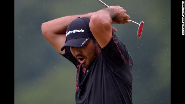 Jason Day reacts to his missed putt for birdie on the 15th hole on June 16. 