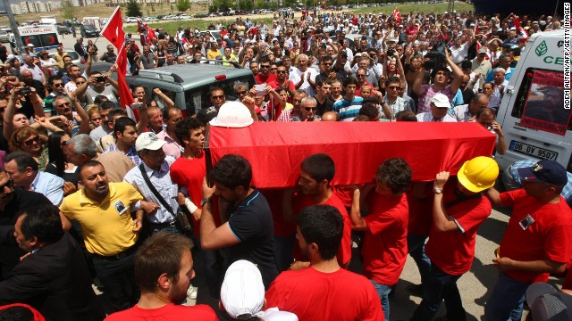 People carry the coffin of Ethem Sarisuluk, who was killed during recent protests in Turkey, on Sunday, June 16, in Ankara. 