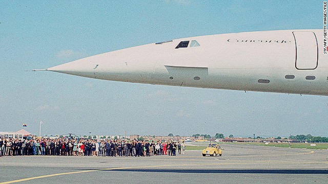 A prototype of the Concorde, the world's first supersonic commercial transport goes on display at the 1969 airshow in Paris.