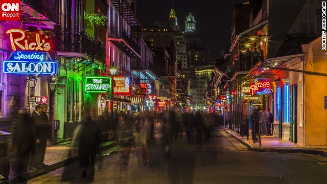 The neon signs of Bourbon Street light up the night. "If you ever get a chance to head to the French Quarter, do it," said John McGraw. "It is one of those places that, for us, lived up to the hype." See more photos from around New Orleans on <a href='http://ireport.cnn.com/docs/DOC-935951'>CNN iReport</a>.