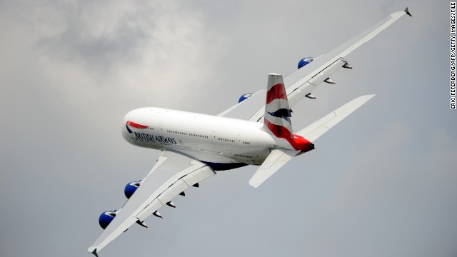 A British Airlines Airbus A380 flies over Le Bourget airport on June 18, 2013 during the 50th International Paris Airshow. 