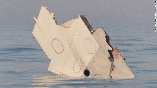 A section of the wing of TWA Flight 800, which crashed July 17, 1996, floats in the Atlantic Ocean off Long Island, New York, on July 18, 1996. A new documentary "TWA Flight 800" claims that the explosion that caused the crash was not an accident.