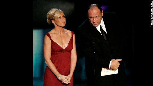 Edie Falco and Gandolfini present the award for outstanding miniseries at the 58th Annual Primetime Emmy Awards in 2006.