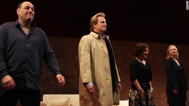 Gandolfini, Jeff Daniels, Marcia Gay Harden and Hope Davis during the curtain call of the opening of the Broadway play "God of Carnage" on March 22, 2009, at the Broadway Theatre in New York. 