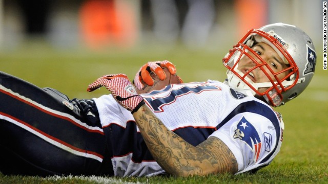 Hernandez looks up after being tackled during a game against the Philadelphia Eagles on November 27, 2011, in Philadelphia.