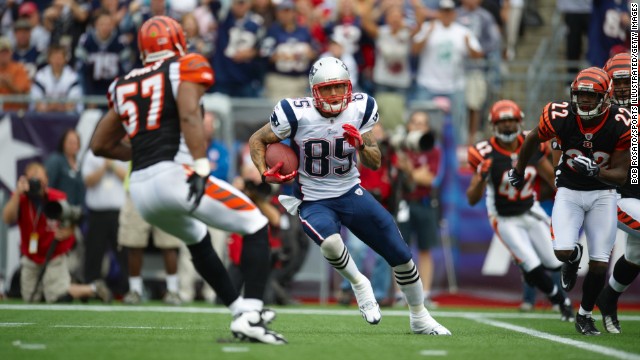 Hernandez carries the ball as the Patriots play the Cincinnati Bengals in Foxborough, Massachusetts, on September 10, 2010.