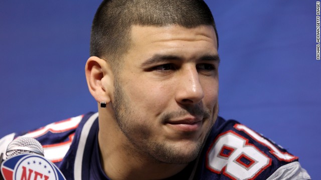 Hernandez answers questions during Media Day on January 31, 2012, before Super Bowl XLVI against the New York Giants in Indianapolis. 