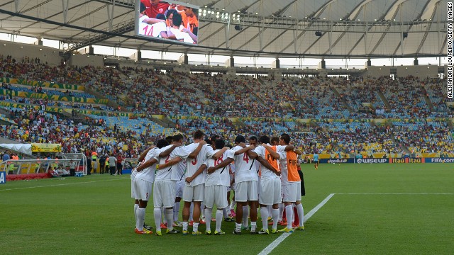 Tahiti form a huddle before their showdown with World and European champions Spain. The minnows are ranked 137 places below their opponents and eventually lost their Confederations Cup match 10-0 in Brazil.