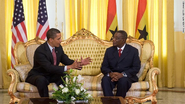 President Barack Obama speaks with Ghanaian President John Atta-Mills at Osu Castle, the government headquarters and a former slave trading fort, in Accra, Ghana, on July 11, 2009.