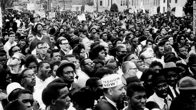 Marchers during the 1965 voting rights campaign in Selma, Alabama gather for a rally on March 26, 1965, a few weeks after "Bloody Sunday." Black residents were beaten, fired from their jobs and imprisoned trying to vote.