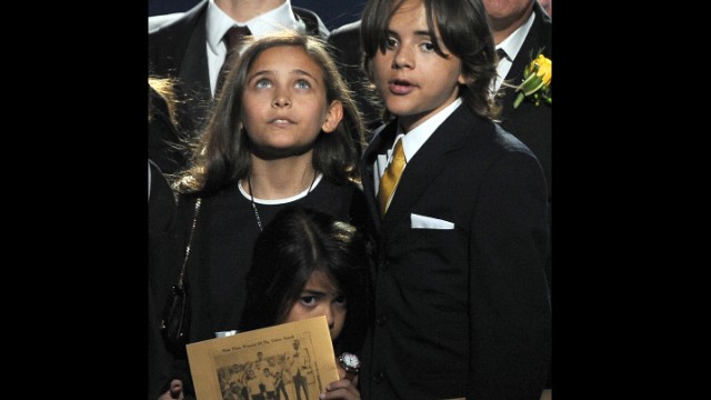 Paris, Prince and Blanket attend the memorial service for Michael Jackson at the Staples Center in Los Angeles on July 7, 2009. Paris paid tribute to her father by saying, "Ever since I was born, daddy has been the best father you could ever imagine ... I just want to say I love him so much."