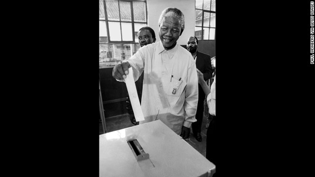 Mandela votes for the first time in his life on March 26, 1994.