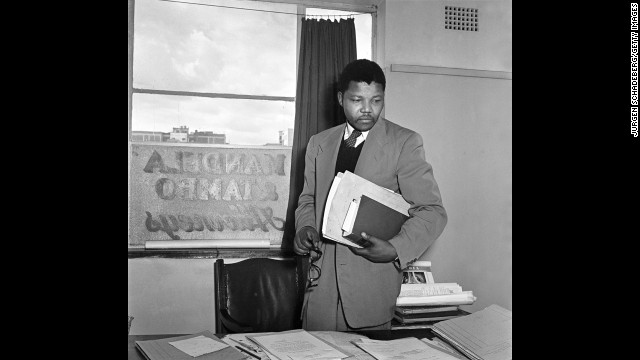 Mandela in the office of Mandela & Tambo, a law practice set up in Johannesburg by Mandela and Oliver Tambo to provide free or affordable legal representation to black South Africans.