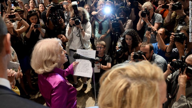 Defense of Marriage Act plaintiff Edith Windsor speaks at a press conference at the LGBT Center in New York after hearing the Supreme Court rulings.