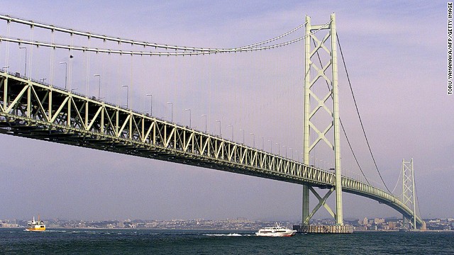 It took 2 million workers 10 years to construct the Akashi Kaikyo Bridge. <!-- -->
</br>It connects the city of Kobe, on Japan's mainland, with Iwaya on Awaji Island. Before it opened, the only way to get between the two cities was by ferry. However, the waterway was prone to severe storms and when two ferries capsized in 1955, killing 168 people, public outrage convinced the government of the need for a bridge. It's the longest suspension bridge in the world, with a length of 1,991 meters. <strong>Completion date: </strong>April 5, 1998.