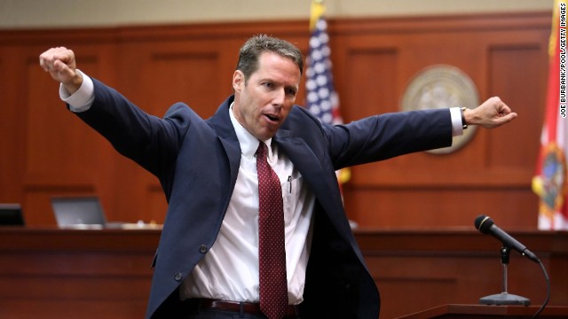 Prosecutor John Guy gestures during his opening arguments on June 24. His first words to the six-woman jury may have raised a few eyebrows. "Good morning. 'F*****g punks, these a******s all get away,'" Guy quoted Zimmerman. "These were the words in this grown man's mouth as he followed this boy that he didn't know. Those were his words, not mine."