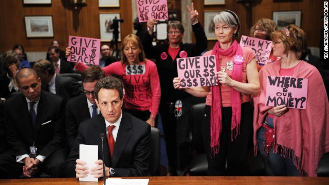 Also claiming the color pink, members of<a href='http://www.cnn.com/2013/05/23/politics/gallery/medea-benjamin/index.html'> Code Pink </a>often stand out in Washington. The group, a women-initiated peace activism organization, is seen here as Treasury Secretary Timothy Geithner prepares to testify at a congressional hearing on April 21, 2009. 