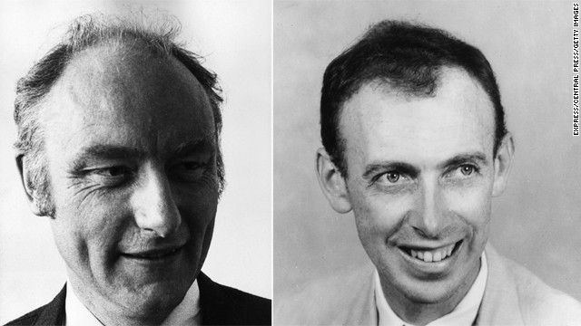 Francis Crick, left, and James Watson, right, discovered the double helix structure of DNA in 1953. They were awarded a Nobel Prize for the work in 1962, along with Maurice Wilkins. 