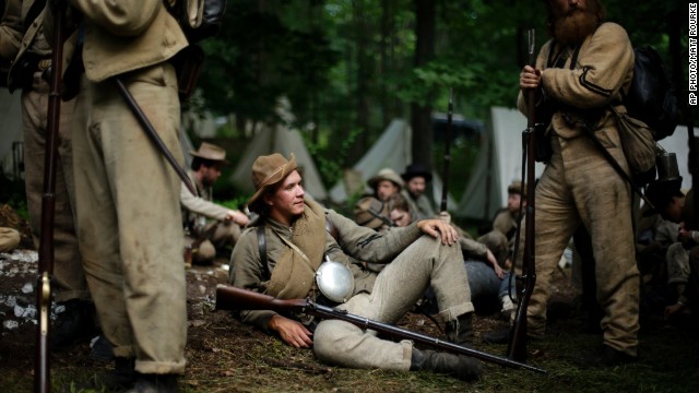 Members of the 1st Tennessee wait to take part in an engagement at Bushey Farm in Gettysburg.