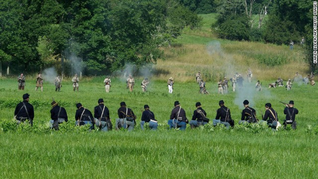 Union soldiers are fired on by advancing Confederate troops. "People are here to recognize and honor and commemorate what these people went through, the sacrifices of both soldiers and civilians," said an official with the Blue Gray Alliance, which put on the event.