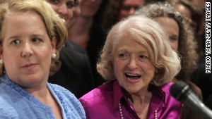 Edie Windsor, right, talks to the press with her attorney Roberta Kaplan after the Supreme Court ruled against DOMA. \n