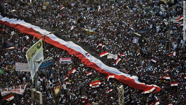 Morsy supporters demonstrate in Cairo on June 28. Protests also erupted in Suez, Sharqia, El Monofia and Gharbiya, the state-run Ahram news agency said. And in the port city of Alexandria, so many people turned out that traffic virtually came to a standstill.