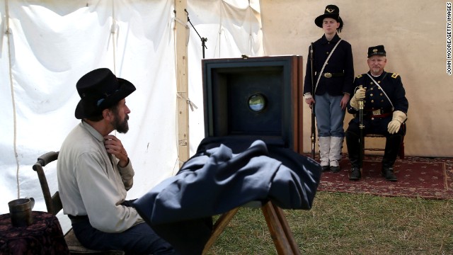 Civil War reenactors pose for a portrait in Gettysburg on June 29.