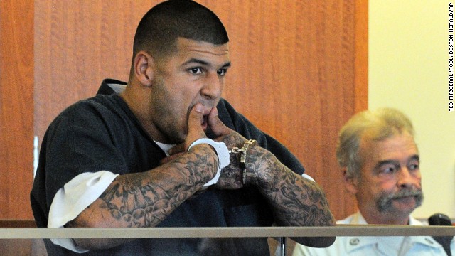 Former New England Patriots tight end Aaron Hernandez appears at a bail hearing on Thursday, June 27, in Fall River Superior Court in Fall River, Massachusetts. He was denied bail and is charged with murder in the death of semipro football player Odin Lloyd.