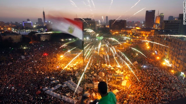 Morsy's opponents say his policies are to blame for a breakdown in law and order, for an economy that's gone south, and for a gas shortage that has Egyptians waiting at the pumps for hours. Here, protestors fill the streets of Cairo on June 30.