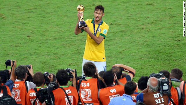 Neymar of Brazil celebrates scoring his team's second goal in its 3-0 victory over Spain in the final of the Confederations Cup.