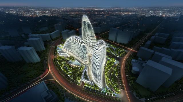 The design of SOHO Peaks, by architect Zaha Hadid, is based on Chinese fans that circle and embrace each other. 