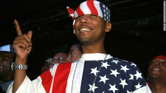 Juelz Santana makes his allegiance clear while attending an album release party for rapper Jim Jones in 2004 in New York.