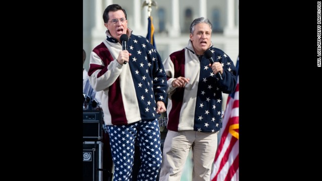 The stars and stripes are in abundance for Stephen Colbert and Jon Stewart's "Rally to Restore Sanity and/or Fear" at the National Mall in Washington in October 2010.