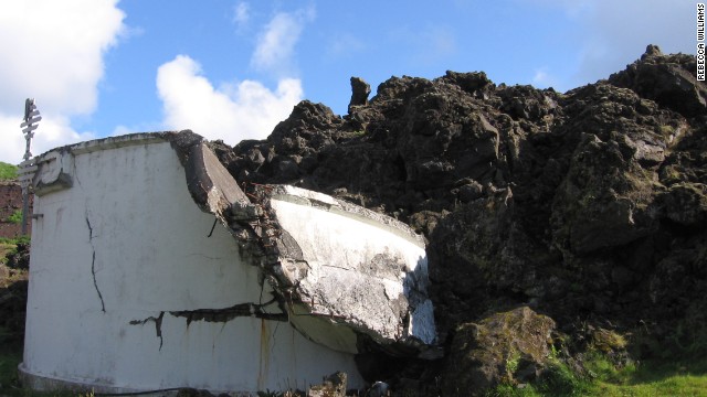 The town of Vestmannaeyjar was saved from Eldfell's lava by using sea-water to stop the flow, but not all structures survived.