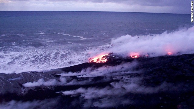 Lava flows into the ocean from Kilauea, the youngest of the volcanoes on Hawaii's Big Island.