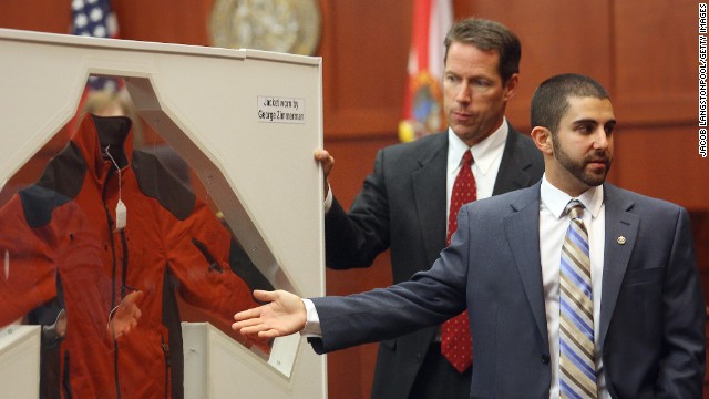 Gorgone points to a jacket worn by Zimmerman on the night of the shooting. Multiple stains on Zimmerman's jacket tested positive for Zimmerman's DNA. At least two stains from the jacket tested positive for a mixture of DNA that included Martin's DNA.