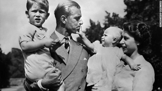 The British royal family tends to opt for very traditional names, often referencing monarchs of the past. Queen Elizabeth II is seen here in 1951 with Prince Philip, and a young Prince Charles and Princess Anne.