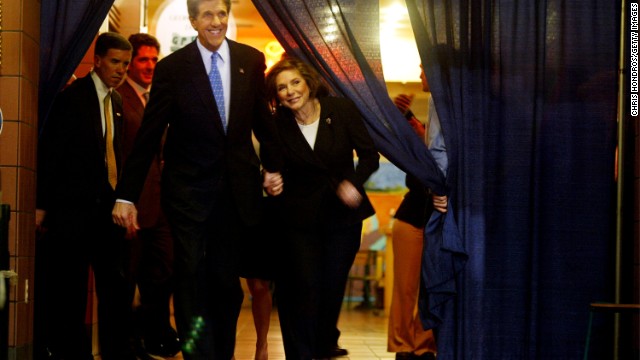 John Kerry and his wife hold hands during a political rally on March 2, 2004, in Washington.