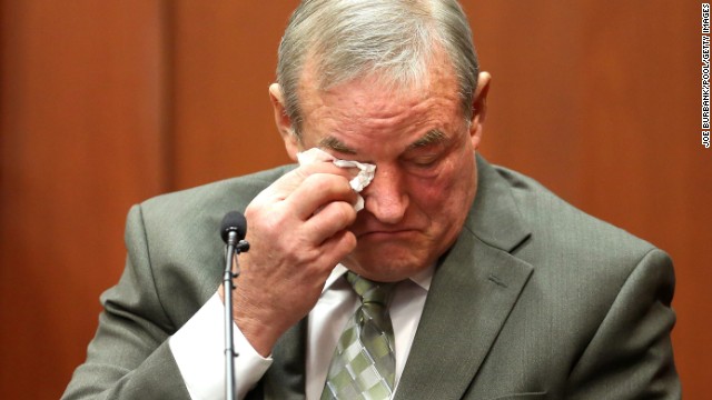John Donnelly, a friend of George Zimmerman's, cries on the witness stand on Monday, July 8, in Sanford, Florida, after listening to screams on the 911 tape entered in evidence.