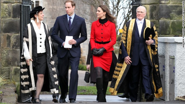 The pair passed St. Salvator's halls, accompanied by chancellor Sir Menzies Campbell, right, during a visit to the University of St. Andrews in February 2011. They returned to the their alma mater launch a fundraising campaign for a new scholarship. 