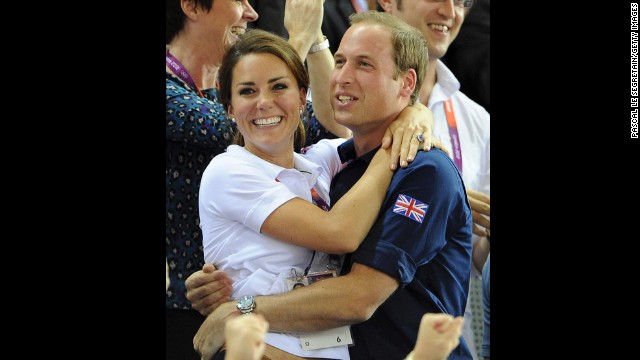 Catherine and Prince William celebrate during track cycling events at the 2012 Olympic Games in London.