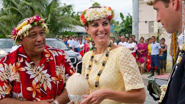 In September 2012, the couple drank coconut milk from a tree planted 30 years before by Queen Elizabeth II in the South Pacific island nation of Tuvalu. 