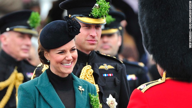 The couple attended a St. Patrick's Day parade by the 1st Battalion Irish Guards as they visit Aldershot Barracks in March 2013 in Aldershot, England. 