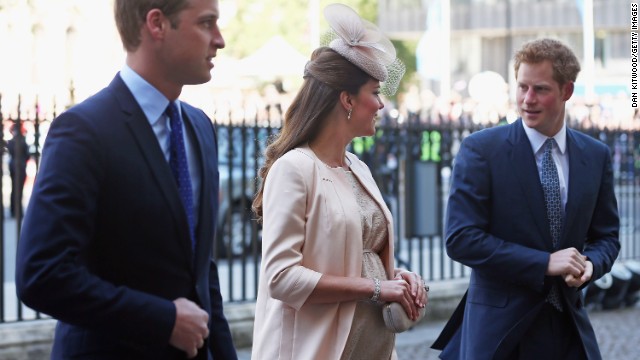 Prince William, Duke of Cambridge, Catherine, Duchess of Cambridge and Prince Harry arrive for a service of celebration last month marking the 60th anniversary of the coronation of Elizabeth II, at Westminster Abbey in London.