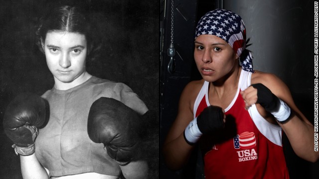 Barbara Buttrick, left, began boxing when she was 18 years old, in 1948. She was the first woman to have her boxing match broadcast, and she participated in carnivals and circuses before boxing internationally. Today, boxer Marlen Esparza, right, has been a Covergirl and had endorsements. She was featured in Vogue magazine, a CNN documentary, and ESPN the Magazine's body issue. "The Olympics are a celebration of sports, and women should be able to celebrate sports just like men." Due in part to greater acceptance of women and girls playing sports and Title IX, Esparza, and female boxing, made their debut last year at the 2012 Olympics.