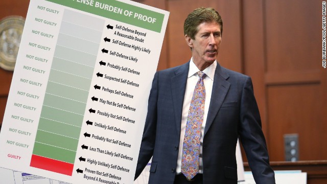 Zimmerman's attorney Mark O'Mara holds up a chart during closing arguments for the defense on Friday, July 12. "How many 'what ifs' have you heard from the state in this case?" O'Mara asked the jury. "They don't get to ask you that."